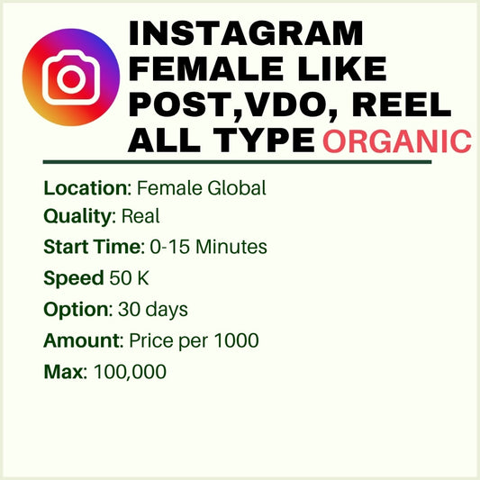 Instagram Female Likes –– Posts, VDO, Reel All types -Real, Instant & High-Quality Engagement from Active Female Users